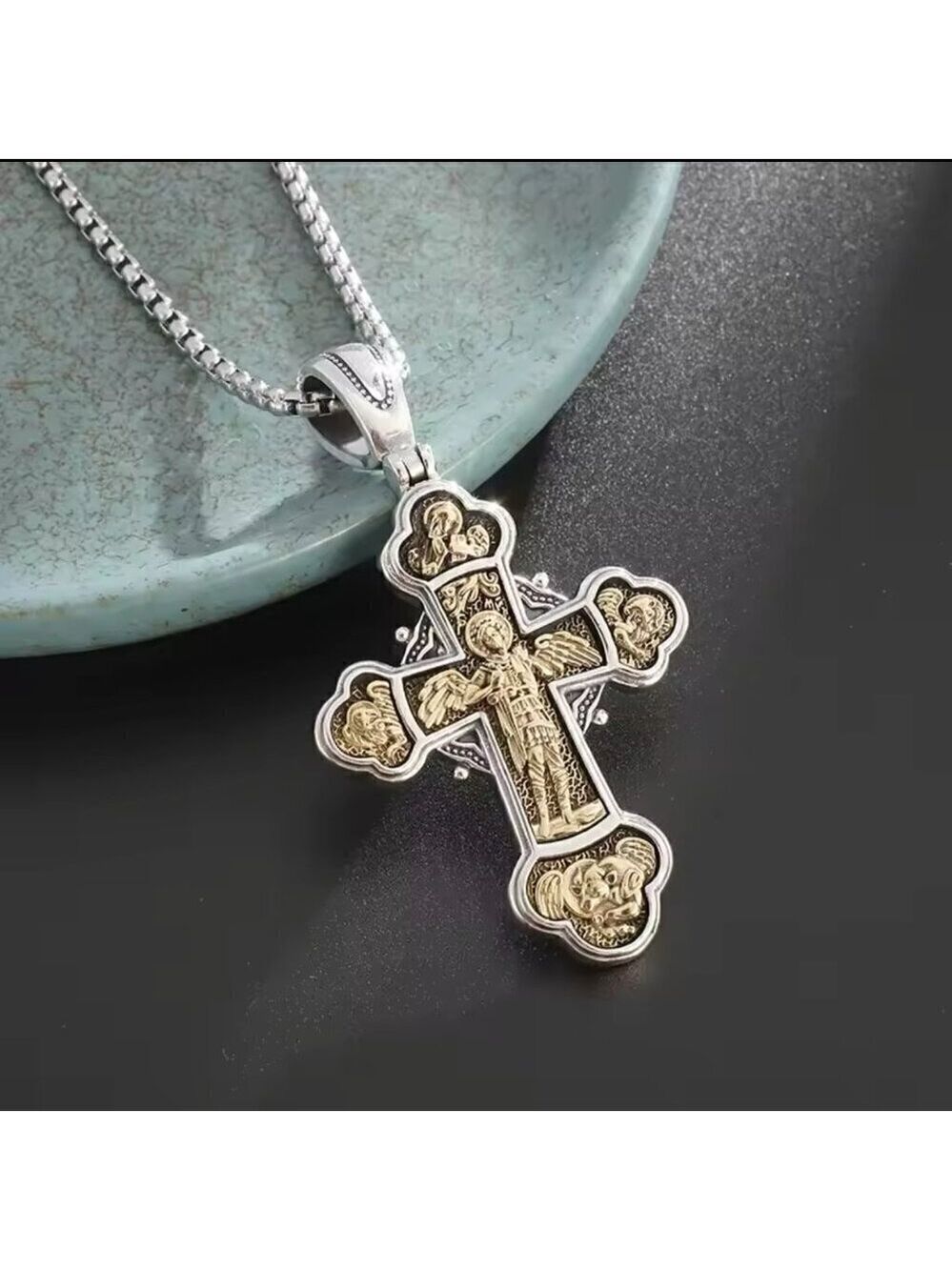 TwoTone Catholic Cross Heavy Pendant and Necklace #1434